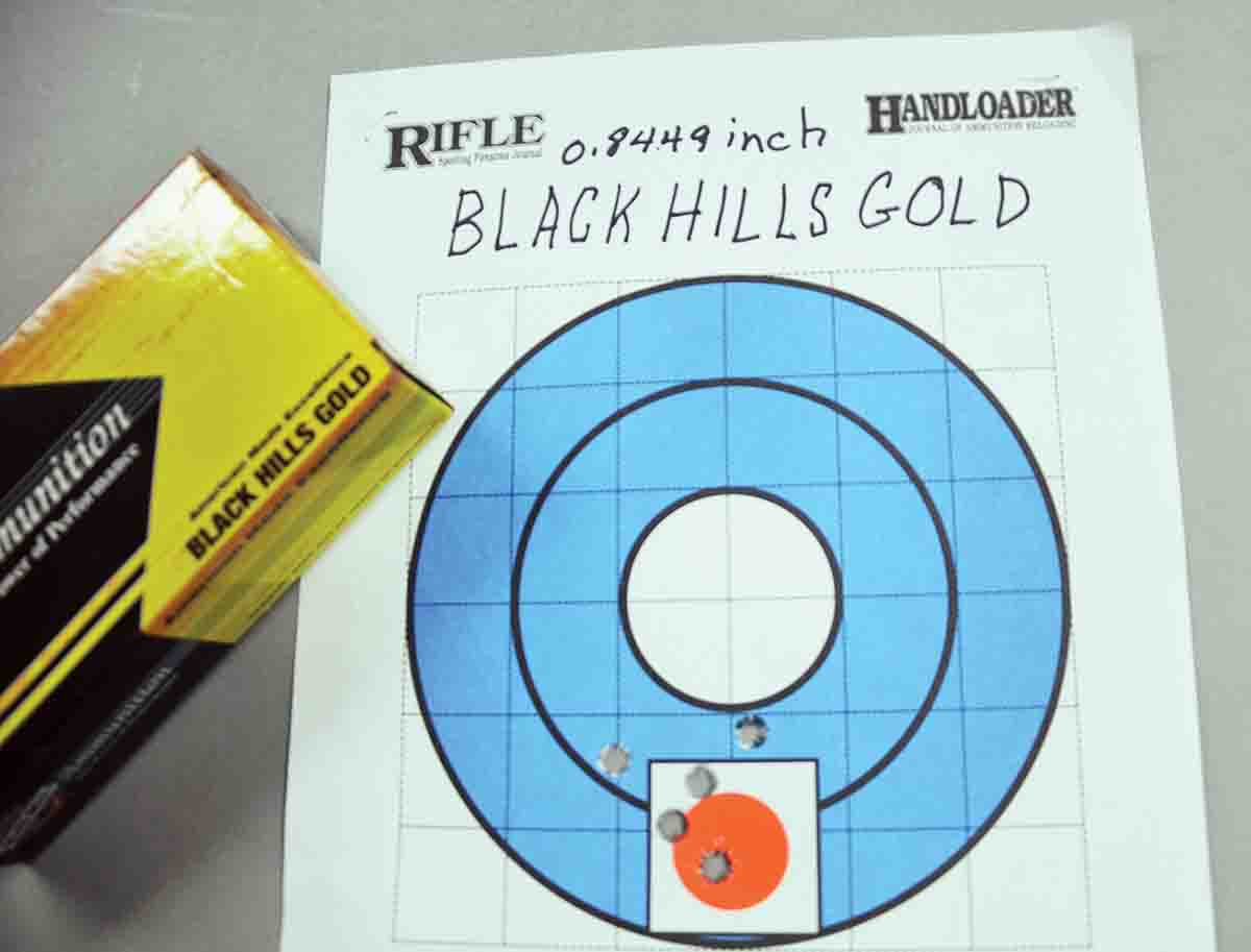 This .84-inch, five-shot spread is the best group for the Black Hills Match ammunition and is the second best five-shot group of the loads tested.